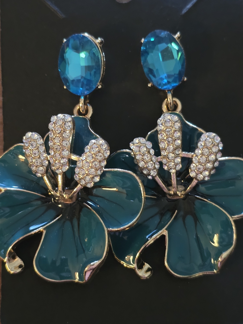 Teal Floral Crystal Drop Earrings - Women Jewelry